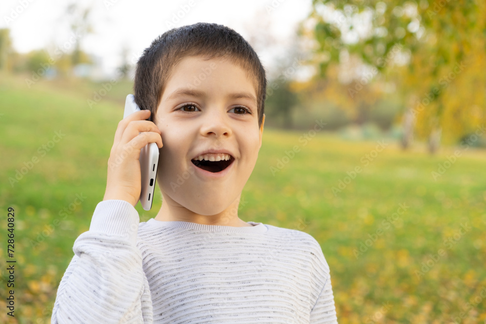 Handsome 6 year old boy talking on the phone while standing in park in autumn. Handsome 6 year old boy talking on the phone while standing in park in autumn.