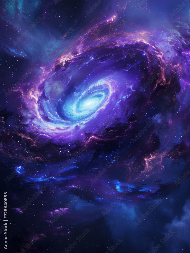 An interesting image of a spiral galaxy with purple and blue An interesting image of a spiral galaxy with purple and blue
