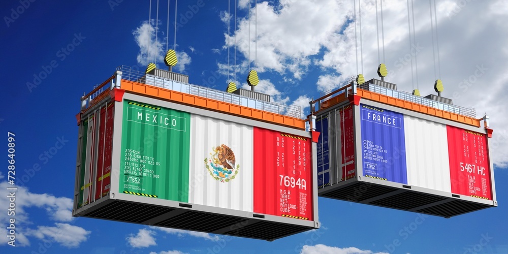 Shipping containers with flags of Mexico and France - 3D illustration Shipping containers with flags of Mexico and France - 3D illustration