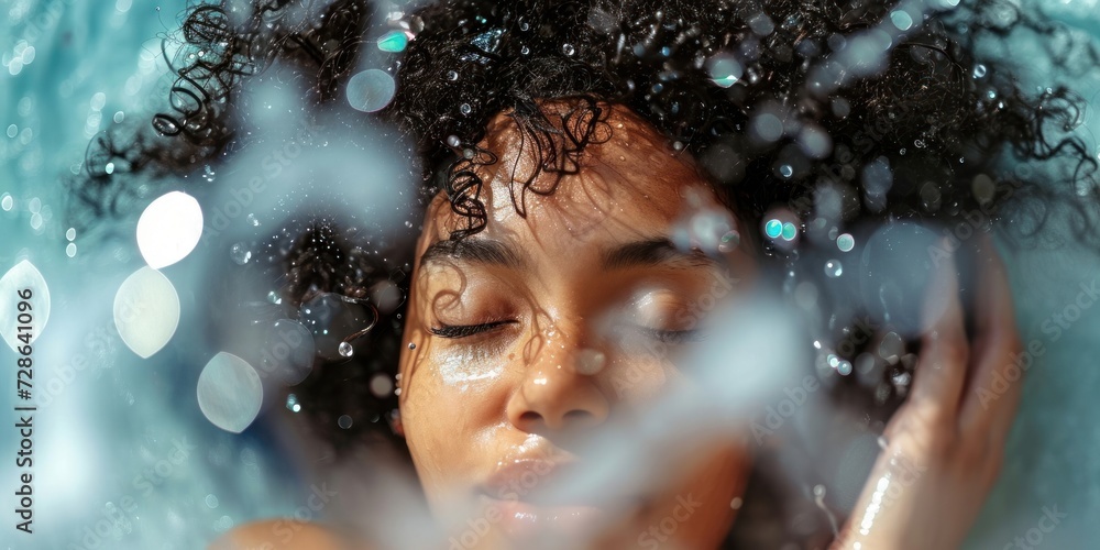 Black girl having a luxurious shower, washing her curly hair with lots of lather, Generative AI Black girl having a luxurious shower, washing her curly hair with lots of lather, Generative AI
