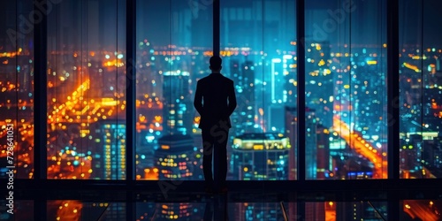 Businessperson admiring city lights from office building at night, Generative AI