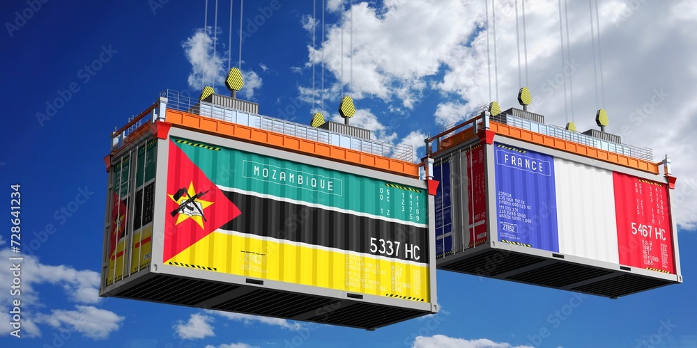 Shipping containers with flags of Mozambique and France - 3D illustration
