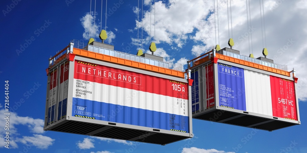 Shipping containers with flags of Netherlands and France - 3D illustration