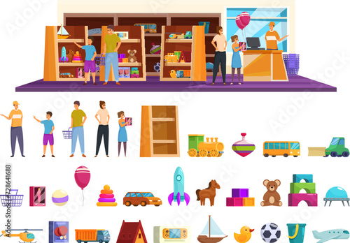 Toy store icons set cartoon vector. Online shop childhood. Sale discount