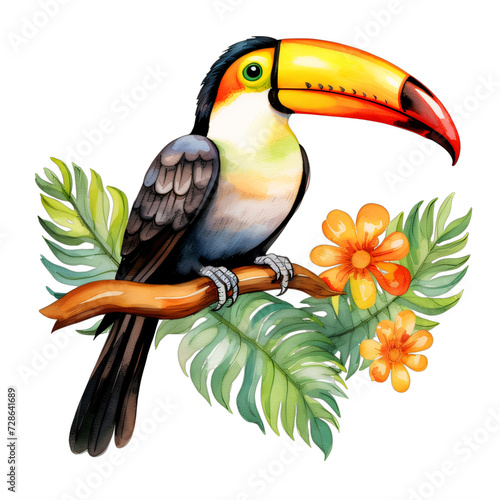 watercolor toucan perched on branch on a transparent background png isolated