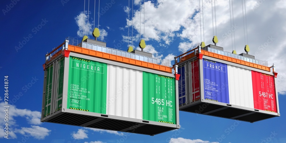 Shipping containers with flags of Nigeria and France - 3D illustration Shipping containers with flags of Nigeria and France - 3D illustration