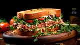 una imagen con un bonito sándwich de ensalada de atún colocado sobre un limpio fondo blanco.