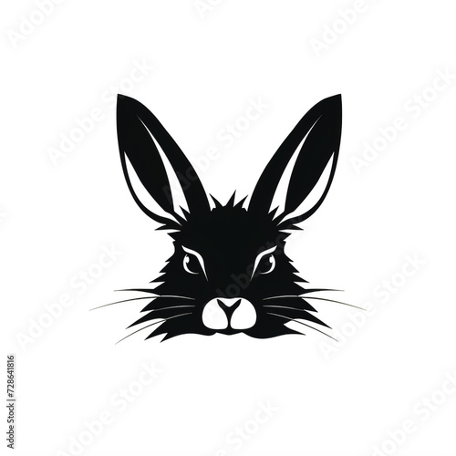 black and white silhouette of rabbits face on a transparent background png isolated
