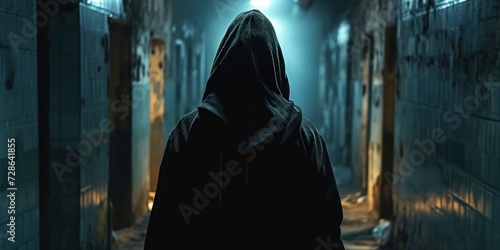 Hooded figure stalking in dark hall, appearing menacing and lost, Generative AI