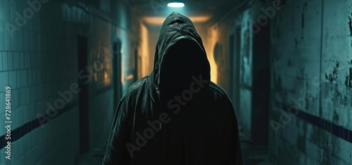 Hooded figure stalking in dark hall, appearing menacing and lost, Generative AI photo