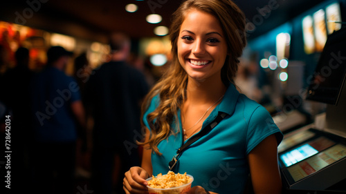 una imagen de una joven sonriente que trabaja en la cafetería de un cine. En la imagen, debería estar sosteniendo una caja de palomitas de maíz, mostrando el típico ambiente de puesto de comida photo