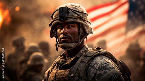 una imagen en la que aparezca un soldado de pie, orgulloso, delante de la bandera de EE.UU. sobre un fondo al amanecer. La escena debe evocar un sentimiento de patriotismo,