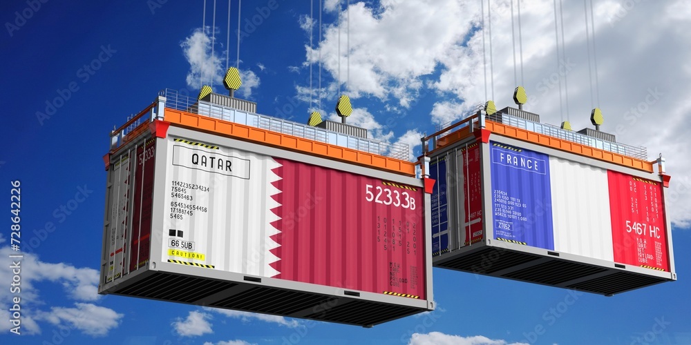 Shipping containers with flags of Qatar and France - 3D illustration