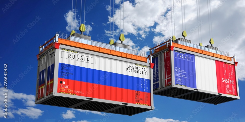 Shipping containers with flags of Russia and France - 3D illustration