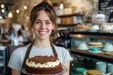 A jubilant woman proudly displays her intricately decorated birthday cake, complete with creamy buttercream icing and sweet dairy flavors, against a charming indoor backdrop of baked goods and pastri