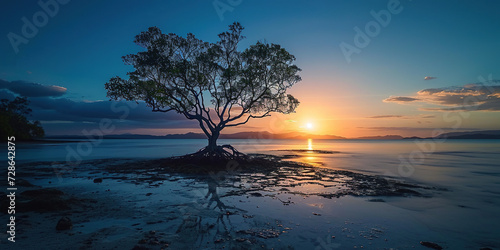A silhouette of a tree on an island beach sunset landscape. Golden hour evening sky in the horizon. Mindfulness, meditation, calmness, serenity, relaxation concept background © Ars Nova