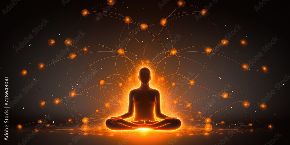 Yoga lotus pose, icon shaped with orange neural connection lines and glowing dots, binary, 