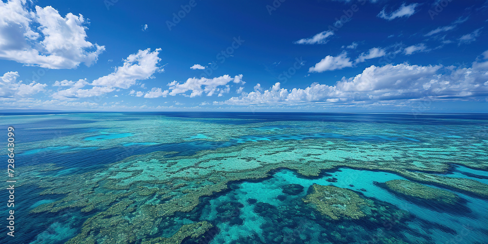 Great Barrier Reef on the coast of Queensland, Australia seascape. Coral sea marine ecosystem wallpaper with blue cloudy sky in the daylight