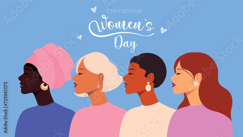 Girl power. Happy Women's Day banner or greeting card with womens face. Mothers Day. Greeting card for 8 March. For brochures, postcards, tickets, banners