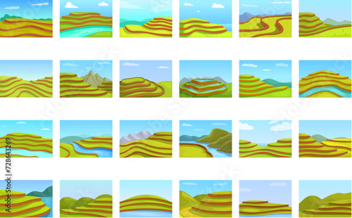 Green paddy terraces icons set cartoon vector. Asian worker. Cascade mount