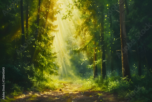 Nature's Spotlight: Beautiful Sunlight Rays in a Lush Green Forest © maikuto