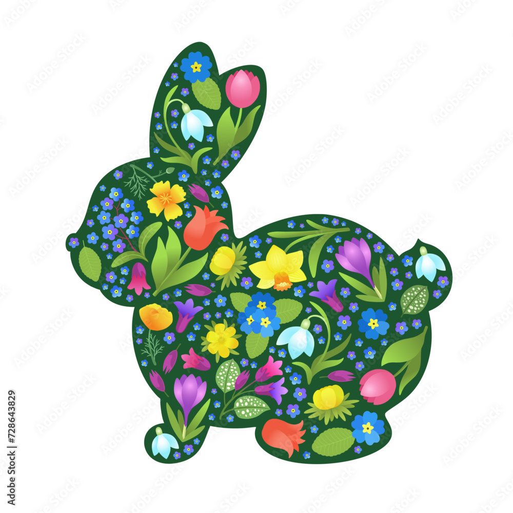 Fototapeta premium Cute bunny pattern rabbit contour filled with flowers. Spring vector illustration. Whimsical spring flowers in silhouette of a little rabbit. Easter holiday hello spring design.