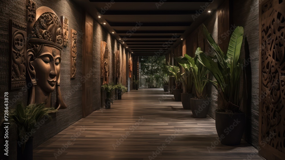 Obraz premium The hallway has an oak ceiling and some potted plants, in the style of african-inspired textile patterns, 
