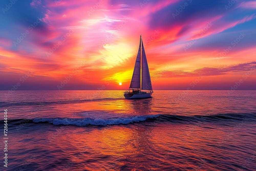 A majestic sailboat glides gracefully on the tranquil waters, its billowing sails catching the warm afterglow of the setting sun, against a backdrop of a vast ocean and a dramatic sky