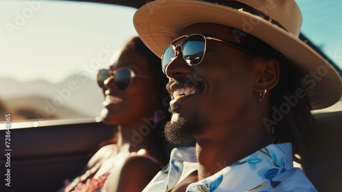 Joyful Couple in Sunglasses Riding in Convertible Car © Maciej Koba