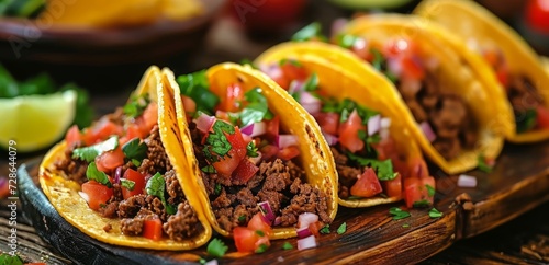 Tasty Mexican cuisine - beef and homemade salsa in taco shells, Generative AI