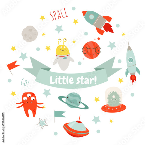 Vector card with cute space elements for a baby