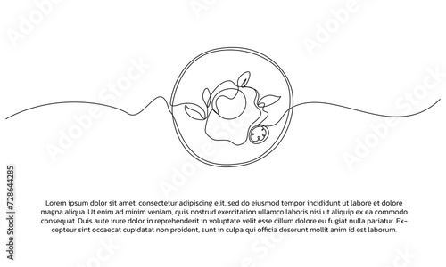 One continuous line design of egg and vegetable dish. Single line decorative element drawn on white background.