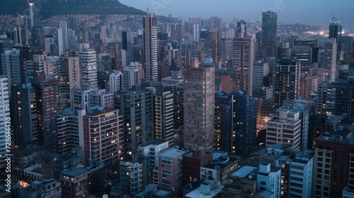 Dusk View of Dense Urban Skyline with High-Rise Buildings