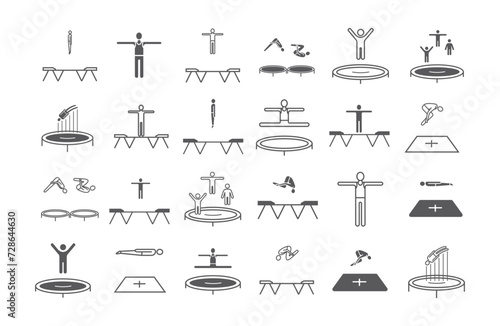 Trampoline jumping icons. Acrobatics signs. Sports jumping on a trampoline
