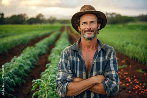 A farmer surveys his cash crop  the sun shining down on his weathered face as he stands proudly in his field  surrounded by the golden hues of the grass and sky