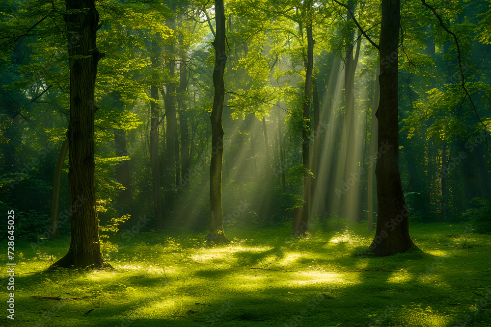Obraz premium Nature's Spotlight: Beautiful Sunlight Rays in a Lush Green Forest