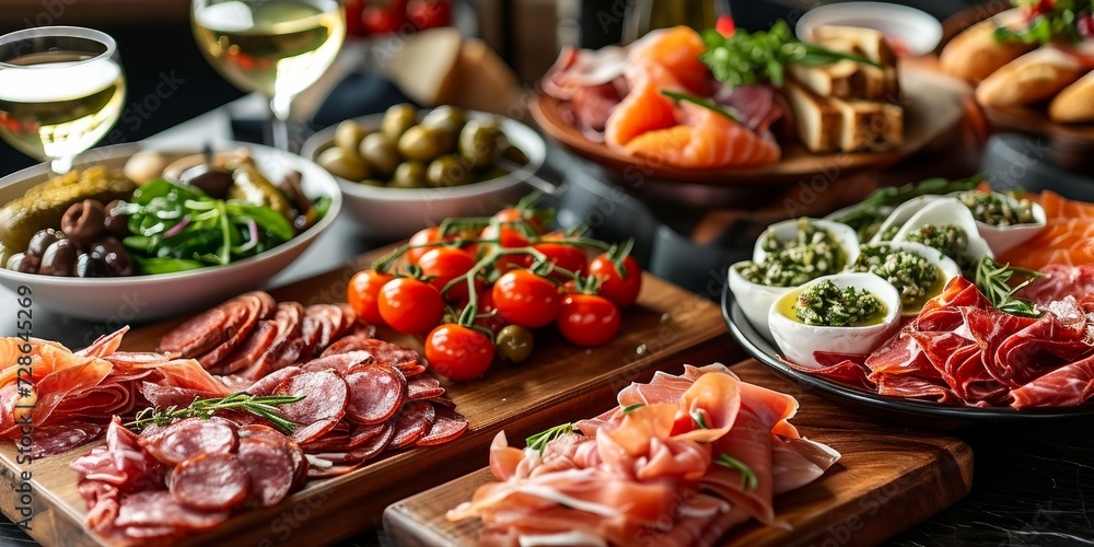 Assorted appetizers including antipasti, charcuterie, snacks, meat and cheese platter, spicy olives, salmon carpaccio, and tomato salad, Generative AI