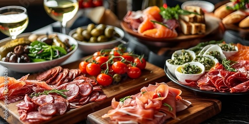 Assorted appetizers including antipasti, charcuterie, snacks, meat and cheese platter, spicy olives, salmon carpaccio, and tomato salad, Generative AI