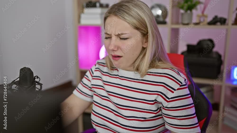 Tired young blonde streamer, looking sleepily at her computer in her gaming room. exhausted from the fatigue of a hangover, her lazy eyes struggle against the morning Tired young blonde streamer, looking sleepily at her computer in her gaming room. exhausted from the fatigue of a hangover, her lazy eyes struggle against the morning