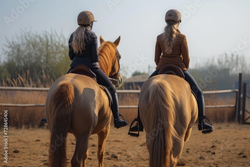 Two equestrians ride their majestic horses through the open fields, the wind in their hair and the sun on their backs, as they gracefully guide their stallion and mare with reins and bridles, showcas