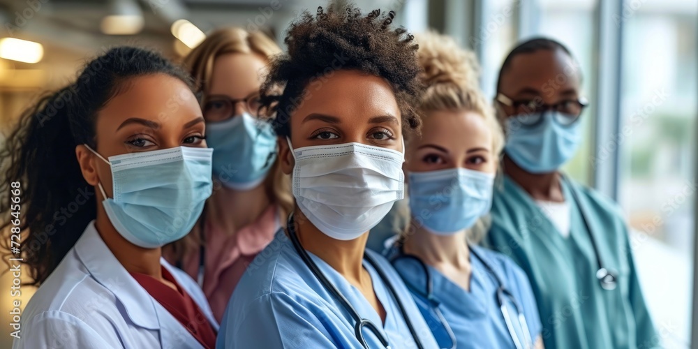 Diverse team of doctors and nurses posing together, wearing masks in a clinic, Generative AI Diverse team of doctors and nurses posing together, wearing masks in a clinic, Generative AI