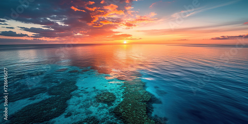 Great Barrier Reef on the coast of Queensland, Australia seascape. Coral sea marine ecosystem wallpaper background at sunset, with an orange purple sky in the evening golden hour