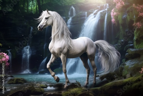 A white horse standing gracefully beside a cascading waterfall in the enchanted forest