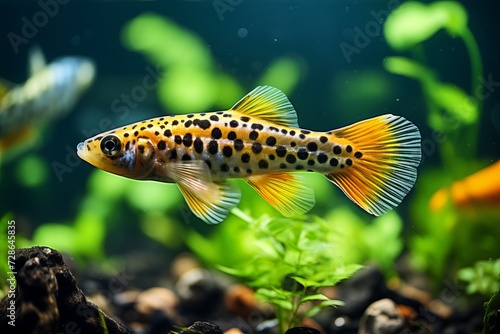 Close-up of a graceful guppy fish swimming elegantly in a vibrant aquarium setting