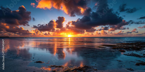 Calm Sea sunset landscape. Purple, pink, orange fiery golden hour evening sky in the horizon. Mindfulness, meditation, calmness, serenity, relaxation concept wallpaper background © Ars Nova