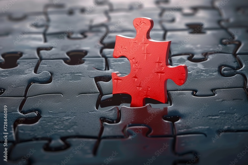 A vibrant red piece completes the intricate jigsaw puzzle, symbolizing the satisfaction of solving life's complex mysteries A vibrant red piece completes the intricate jigsaw puzzle, symbolizing the satisfaction of solving life's complex mysteries