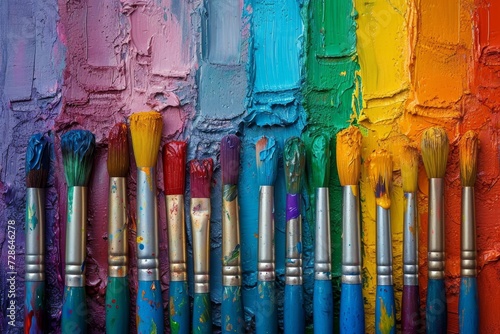 Artistic brushes smeared in paint on a background covered with multicolored oil paints