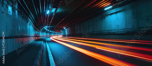 Headlights of cars form streaks inside a tunnel.