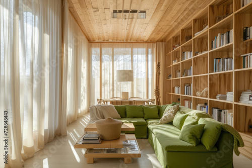 an apartment with green living room furniture