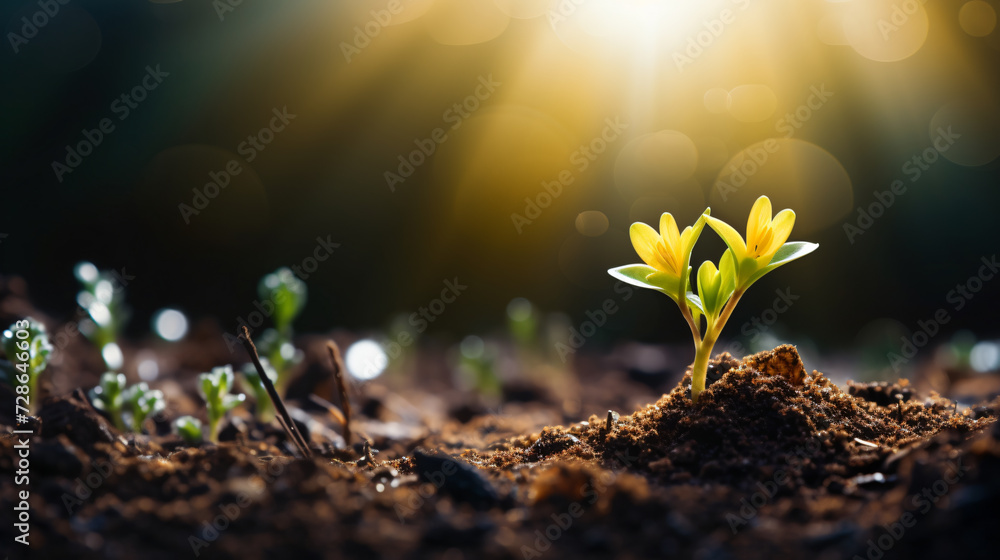 tiny yellow flower growing through the dirt, in the style of luminous landscapes - obrazy, fototapety, plakaty 
